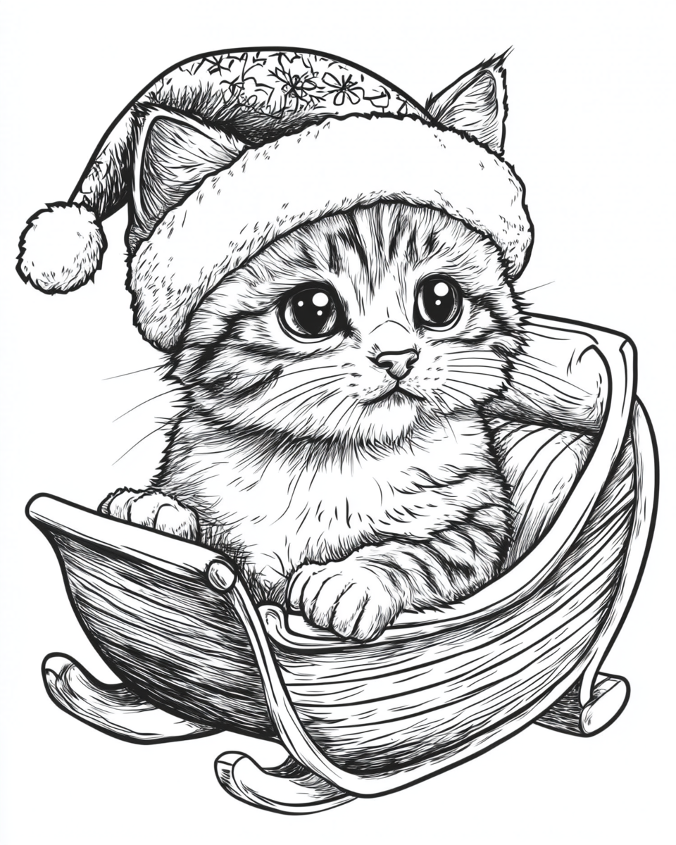 A cat in Santa's sleigh Coloring Page