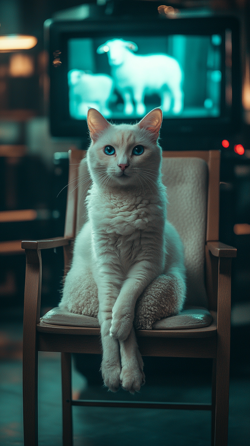 A cat interviews a sheep on TV