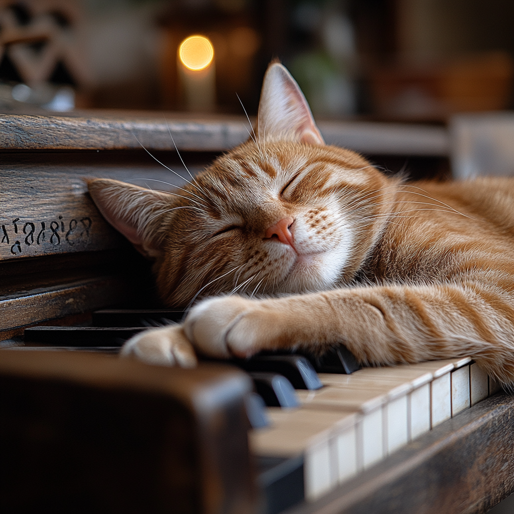 A cat lying on a piano, full shot.