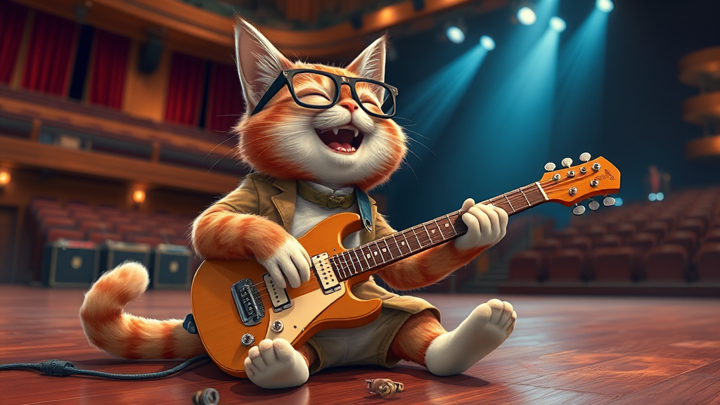 A cat musician with glasses laughs onstage.