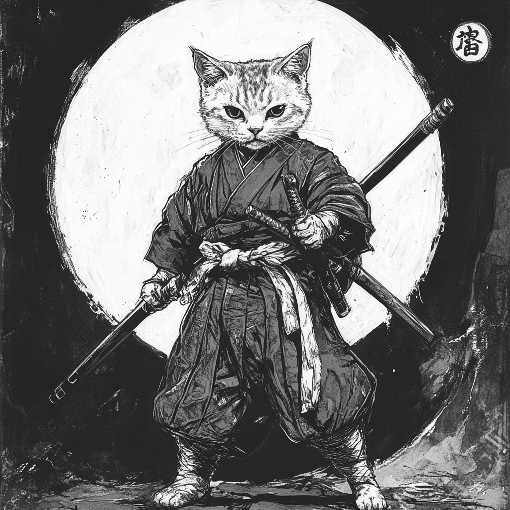 A cat warrior in traditional Japanese attire