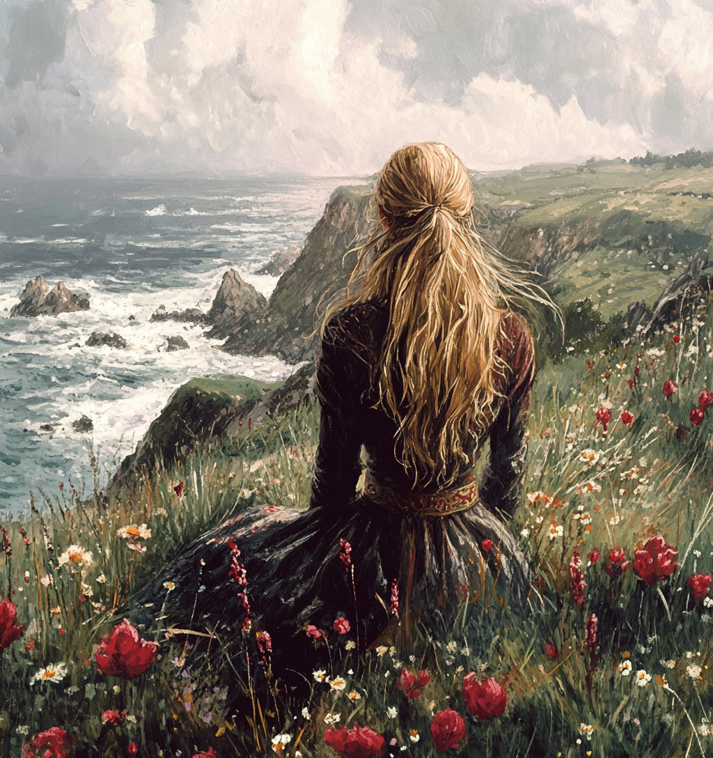 A celtic woman gazing at sea in Wales