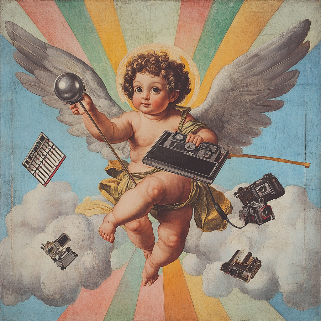 A cherub with an iPad, hovering above rainbow.