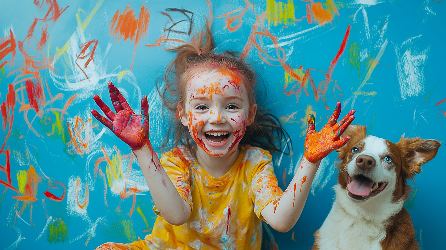 A child and a dog covered in paint