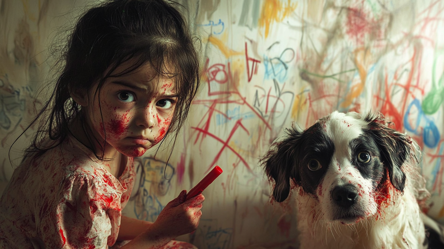 A child and dog in trouble over drawn walls