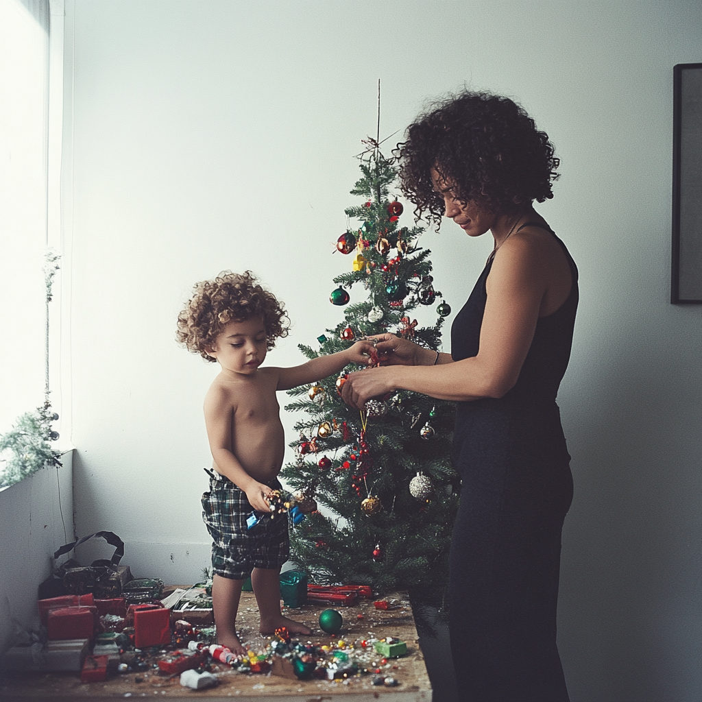 A child and their mother by Christmas tree