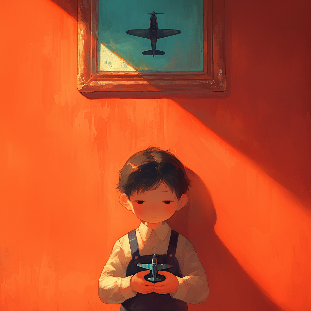 A child holding a toy airplane in a painting