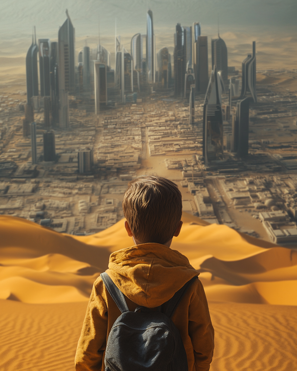 A child in a desert city, yellow earth vibes.