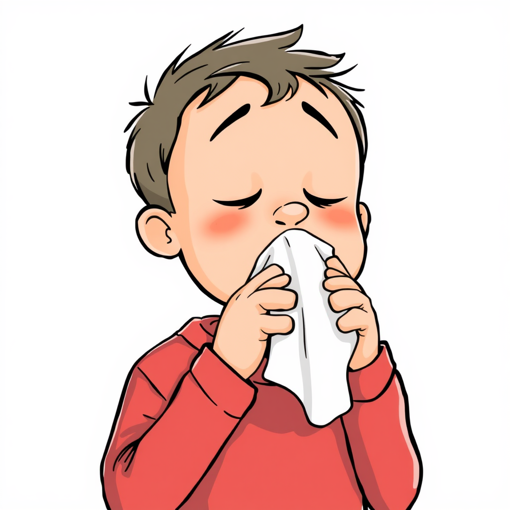 A child sneezes holding tissue, cartoon image