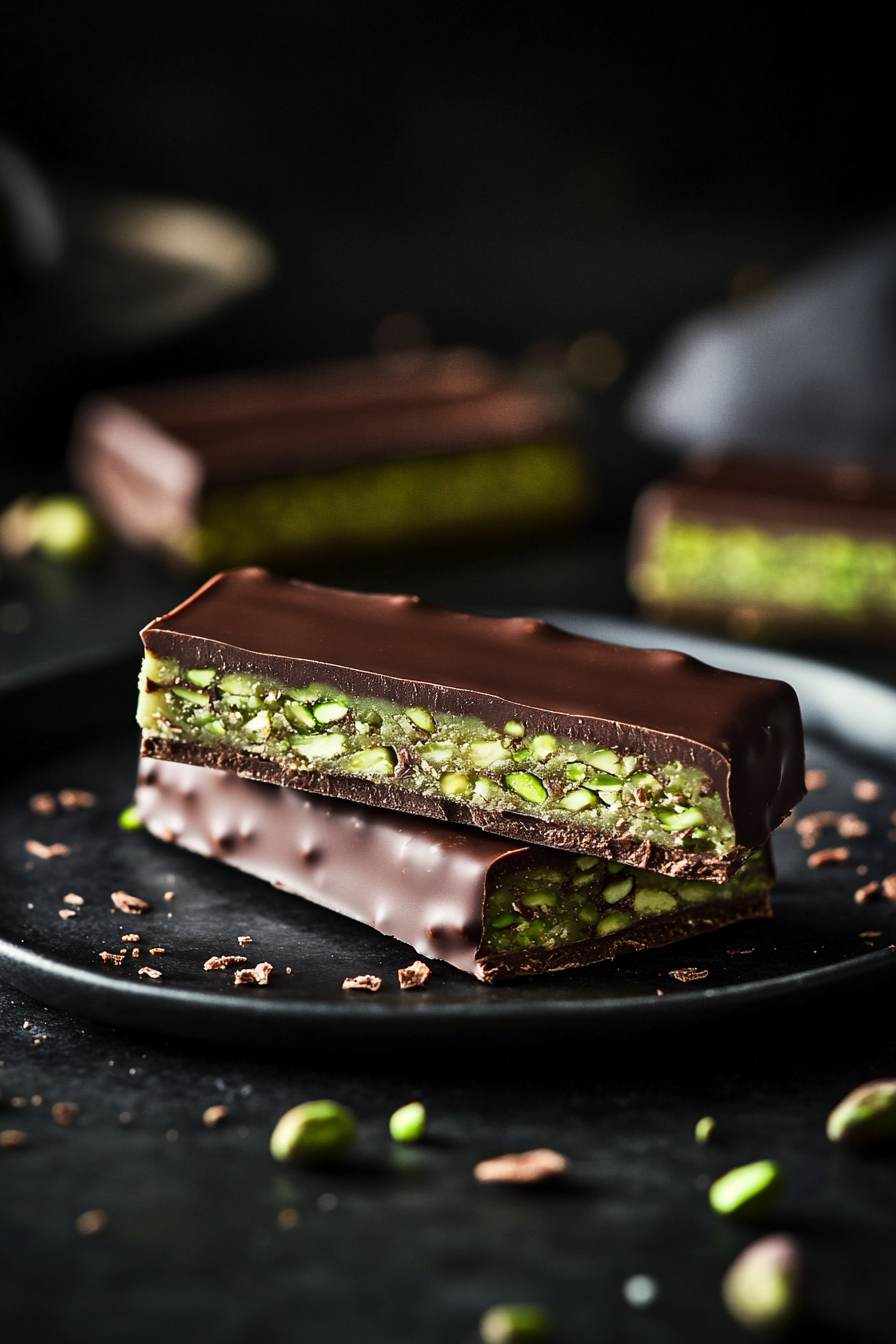 A chocolate bar with pistachio knafeh filling.