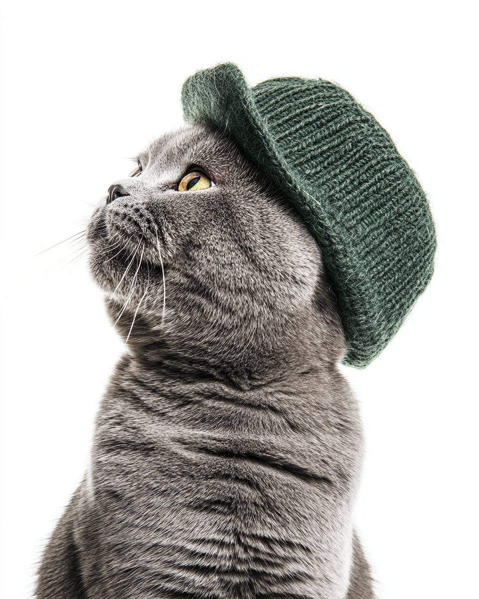 A chubby cat in a green hat smiling