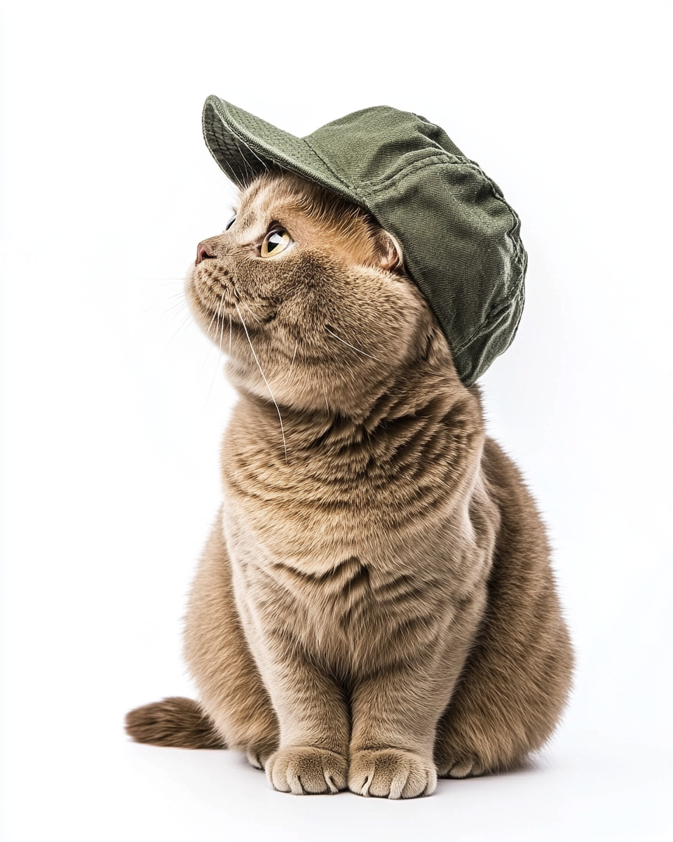 A chubby cat in a hat, happily looking.