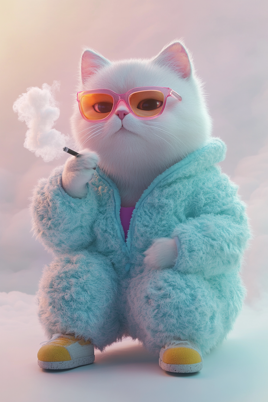 A chubby cat in pastel outfit smokes cigarette.