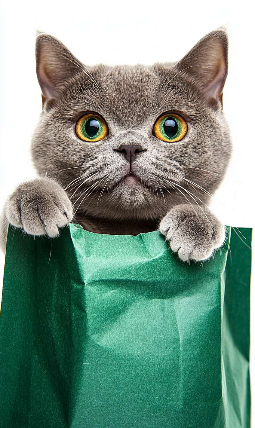 A chubby cat peeks out of green bag.