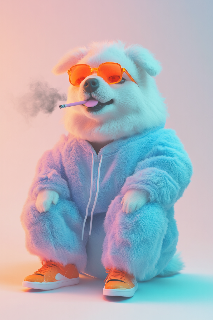 A chubby dog in colorful outfit smoking cigarette.