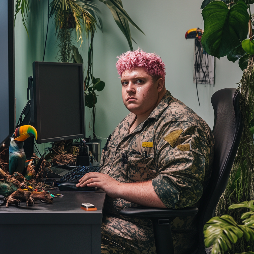 A chubby man with pink hair works in jungle-themed office.