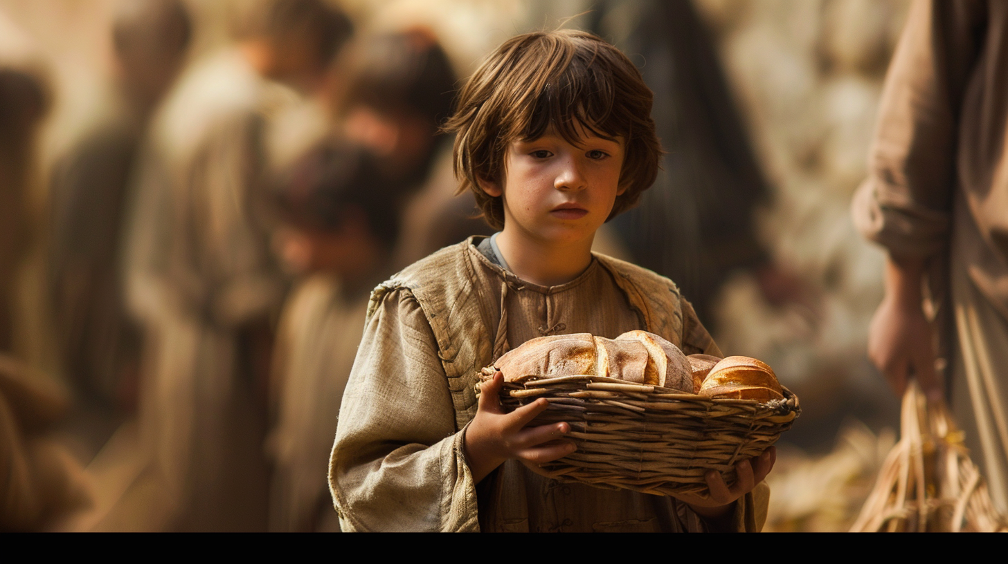 A cinematic photo of boy bringing lunch to Jesus.