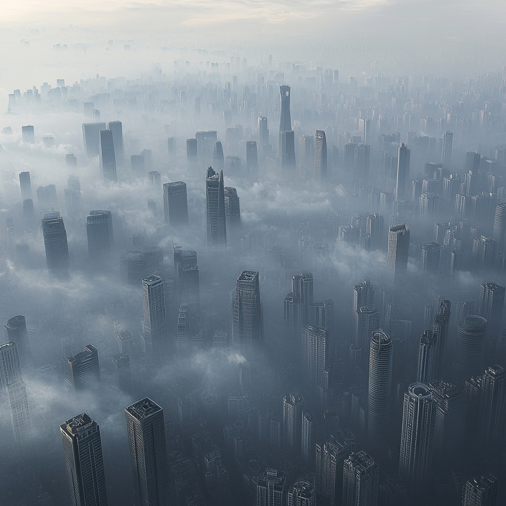 A city with skyscrapers covered in smog and haze.