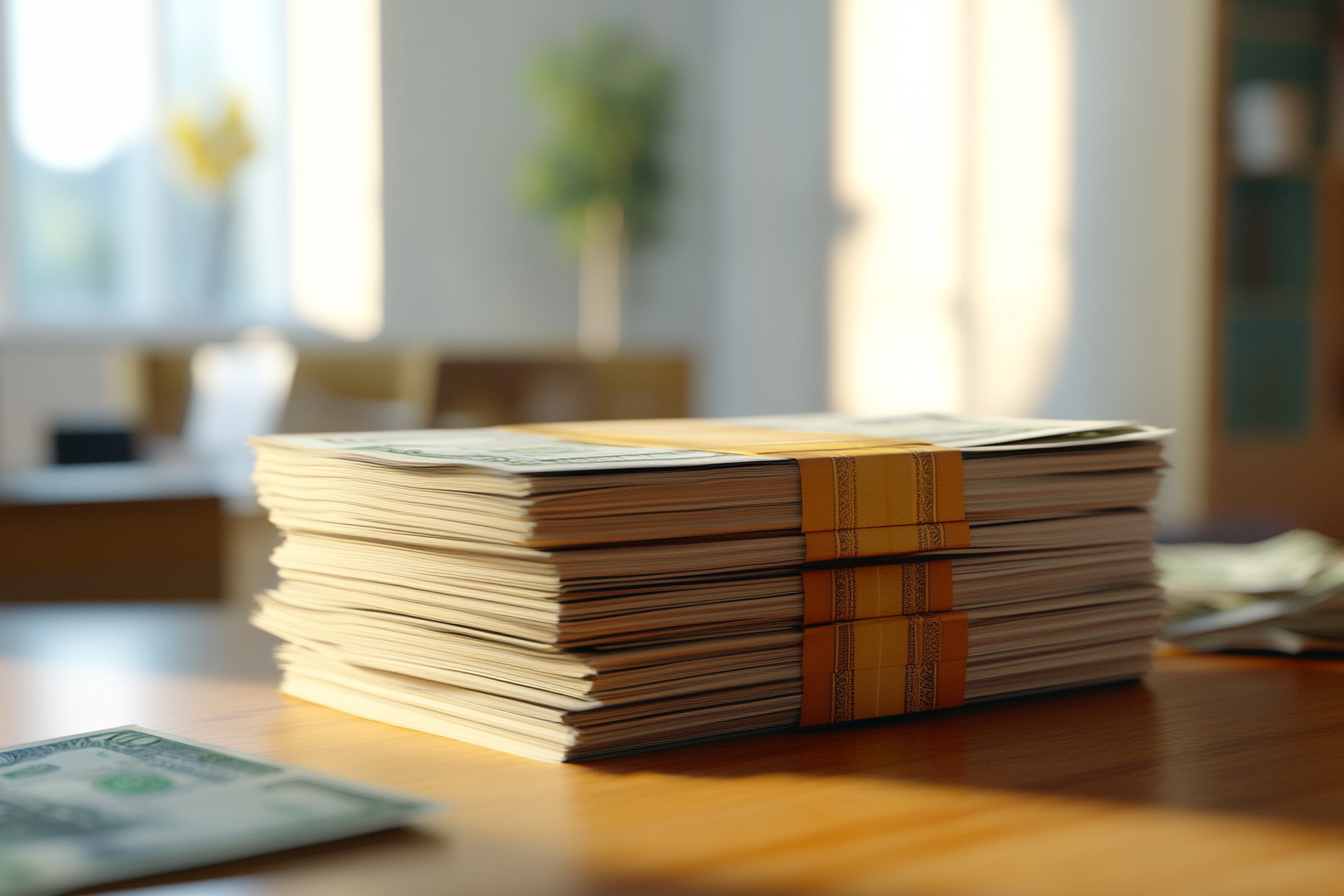 A clean table with neatly stacked money piles