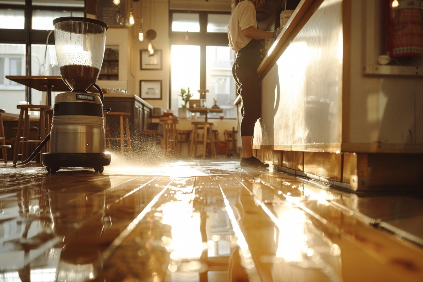 A cleaner using a wet vacuum in cafe