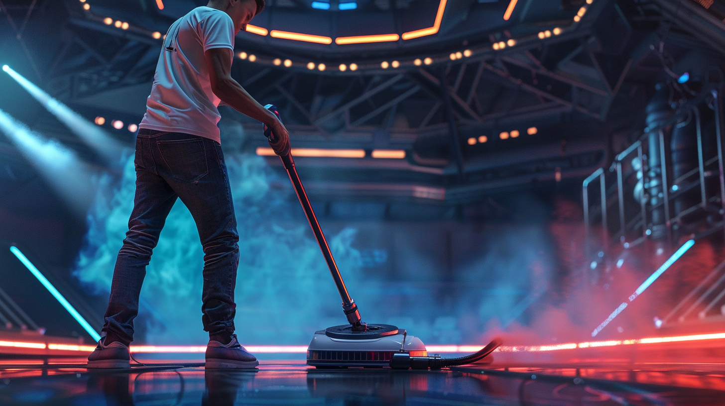 A cleaner vacuuming while superheroes battle with lasers.