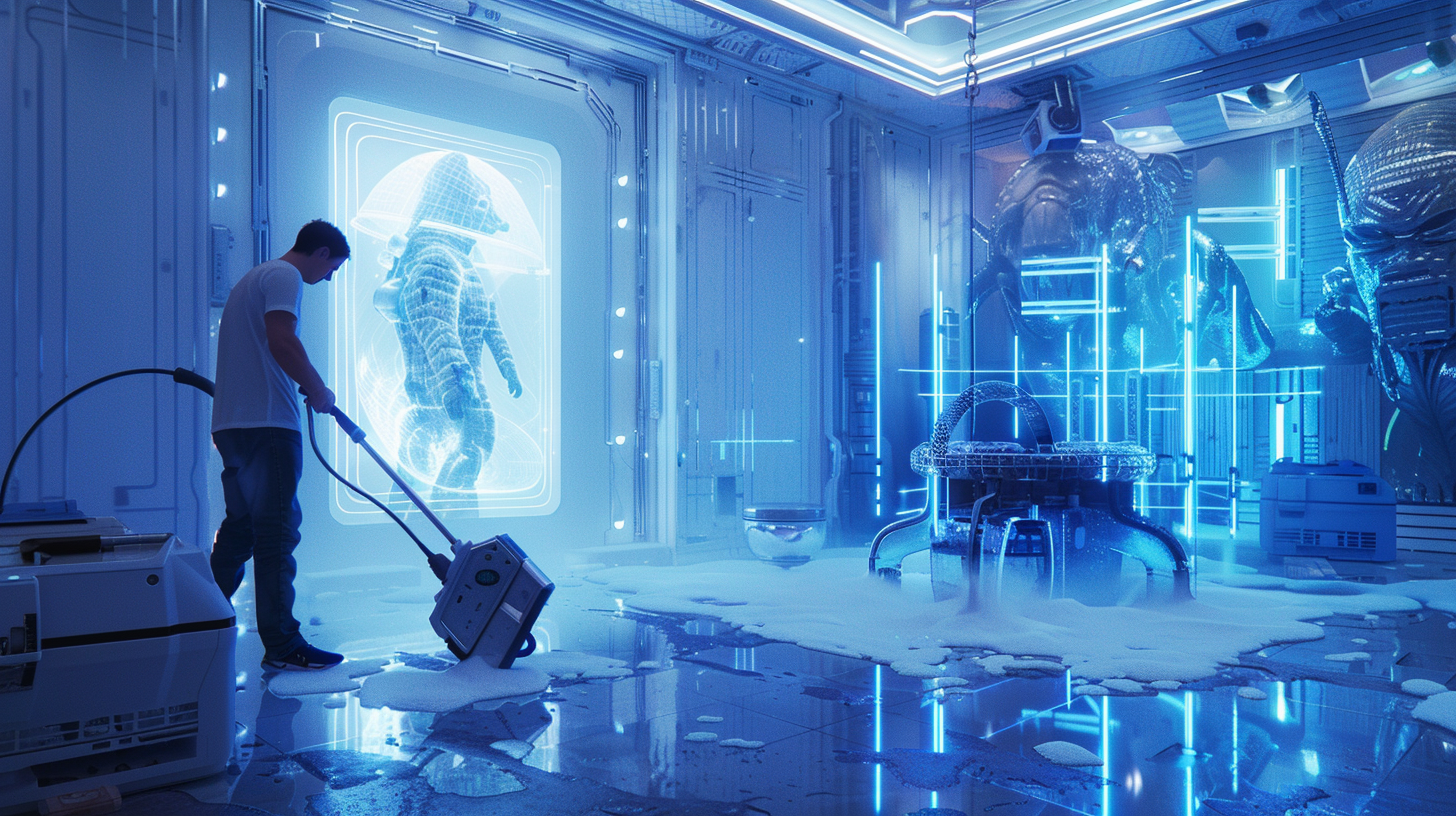 A cleaner vacuums in hero room with holograms creatures.