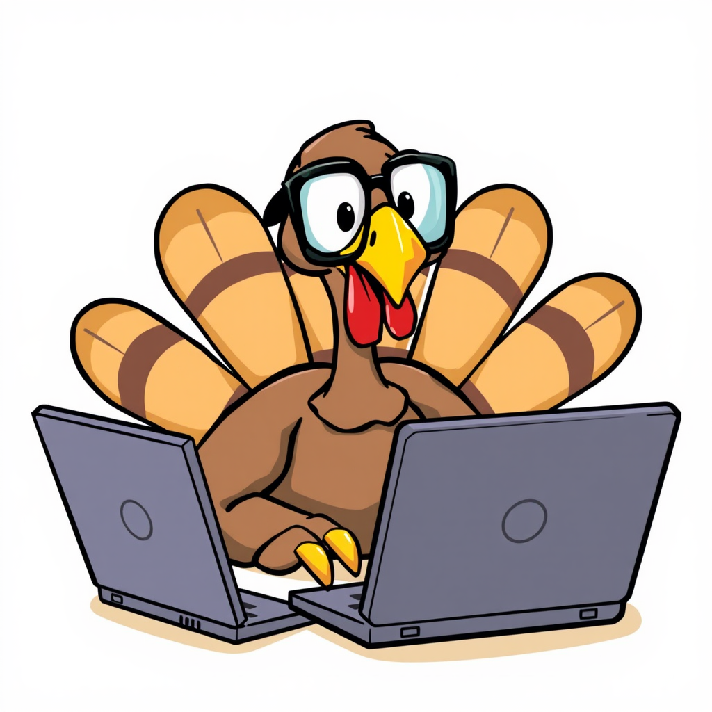 A clever turkey giving tips on laptops.