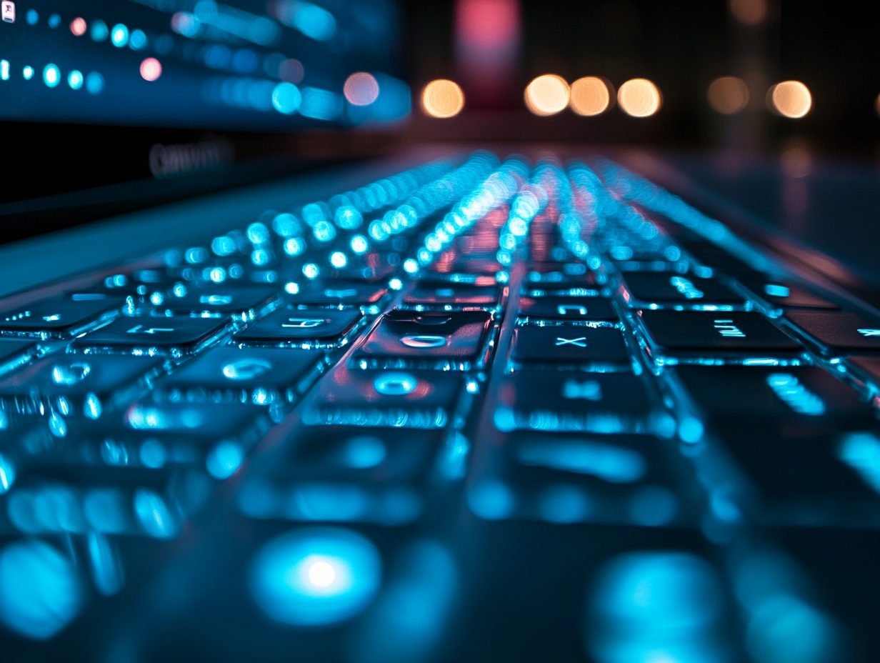 A close-up blue glowing keyboard on laptop.