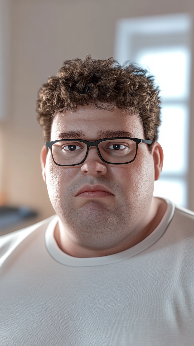 A close-up image of a fat American nerd