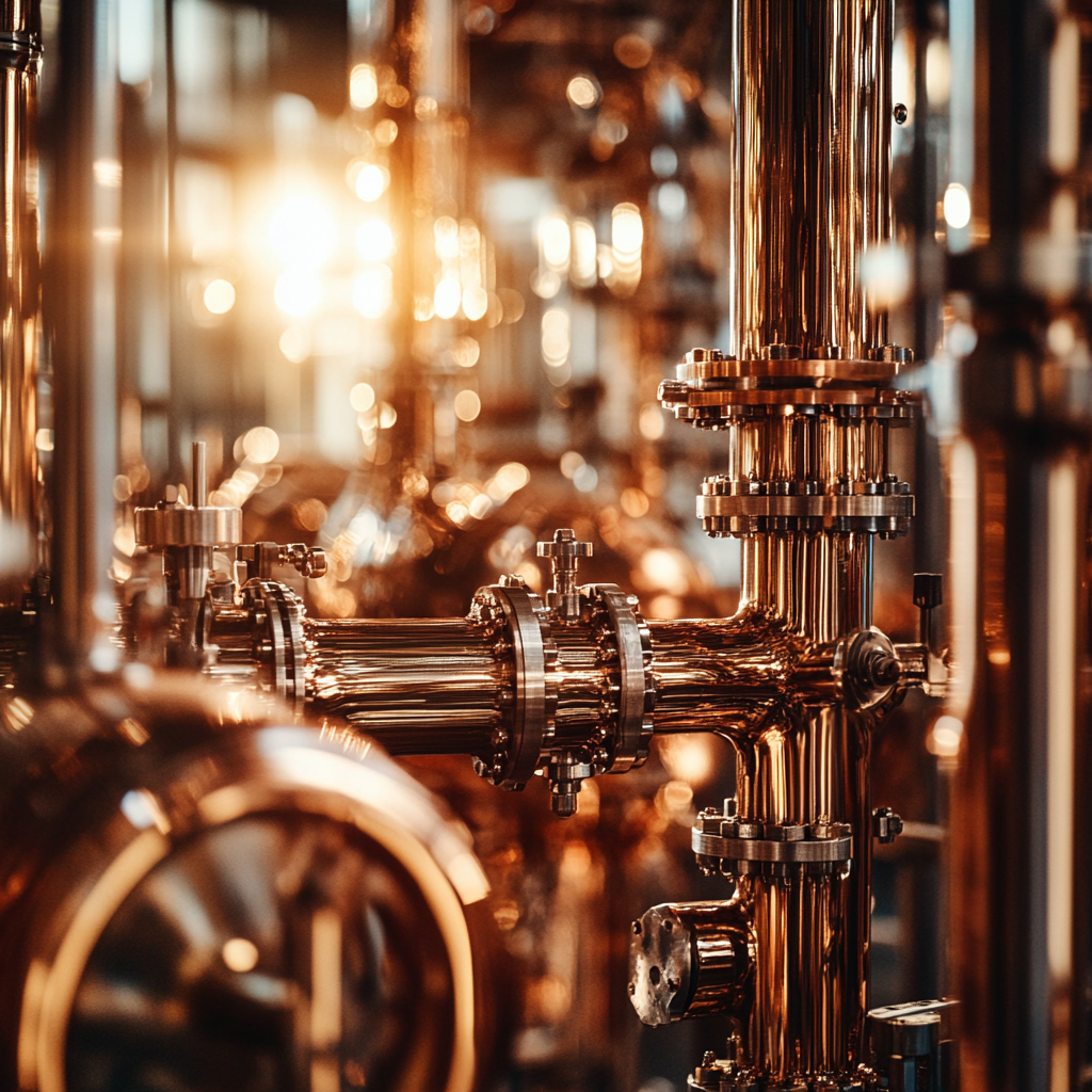 A close-up of copper machinery with sunlight.