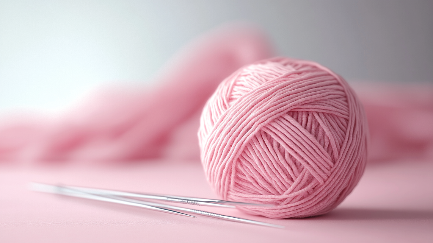 A close-up of pink wool with silver needles.