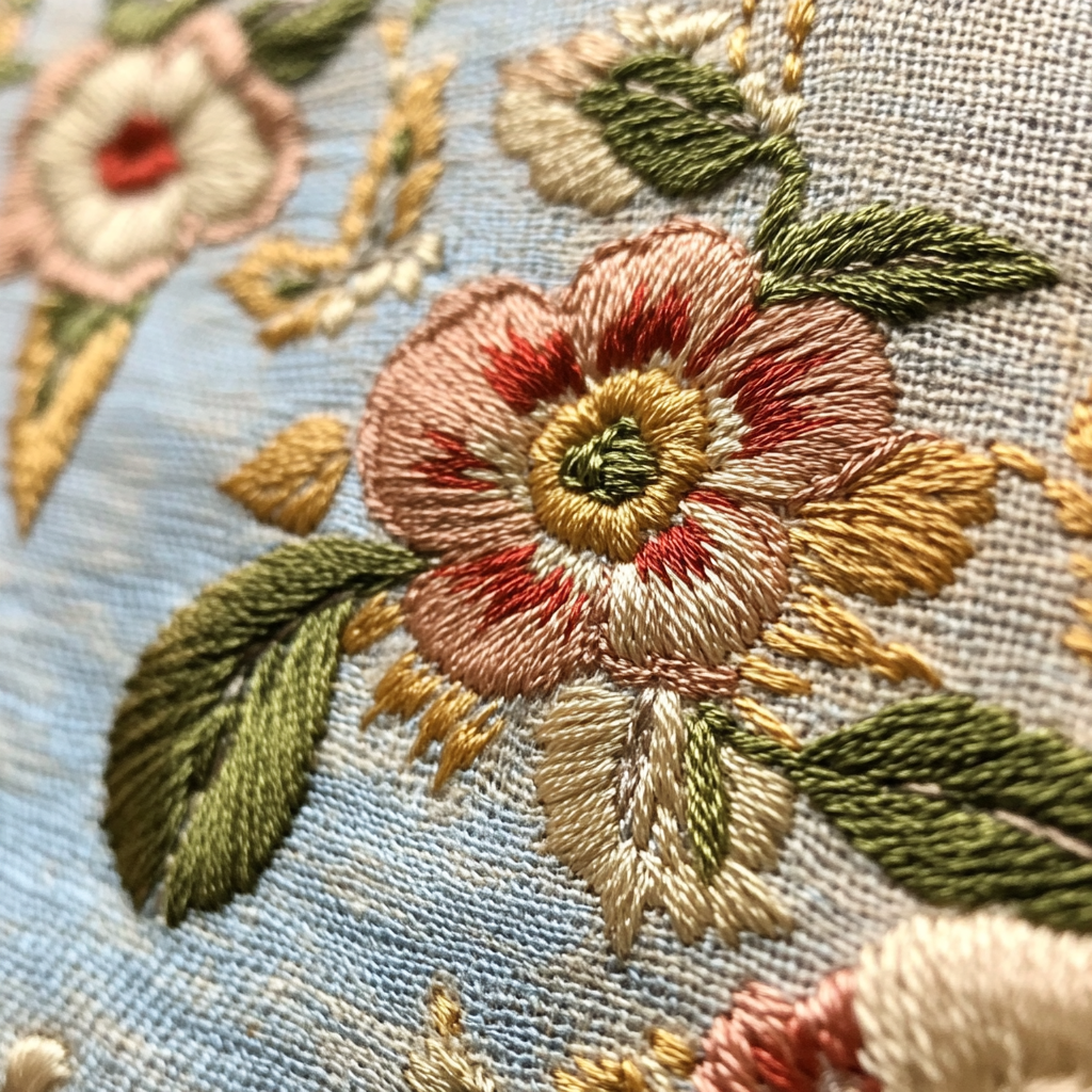 A close-up of traditional machine embroidery back