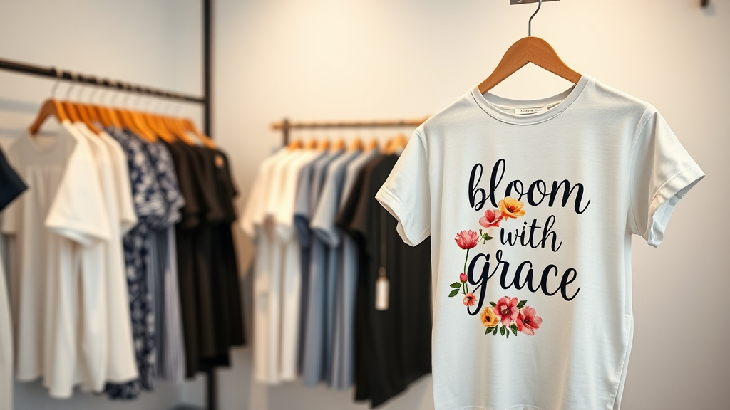 A clothing store with a bloom with grace t-shirt.