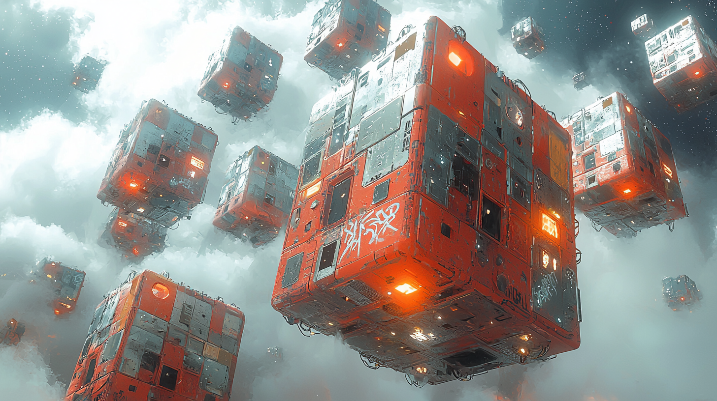 A cluster of cube space crafts by graffitied flats.