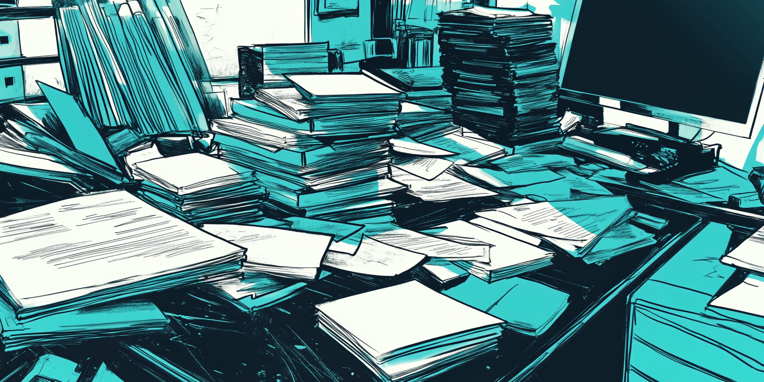 Cluttered desk in turquoise and blue tones in 2D Comic Book Style