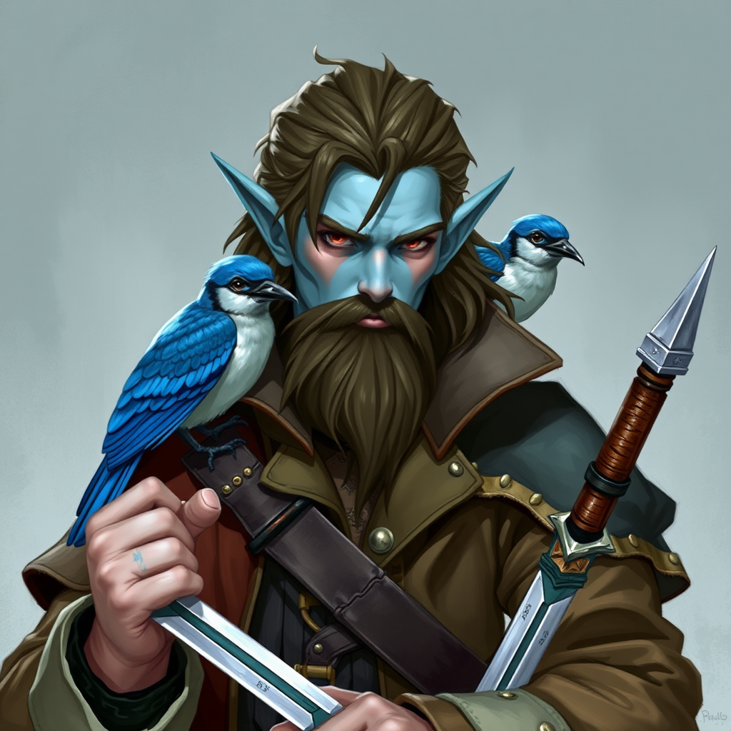 A cocky triton pirate rogue with blue skin.