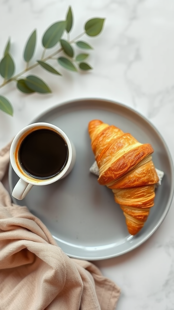 A coffee and croissant on a white table.