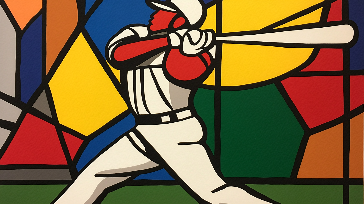 A colorful, bold Picasso-style baseball player batting