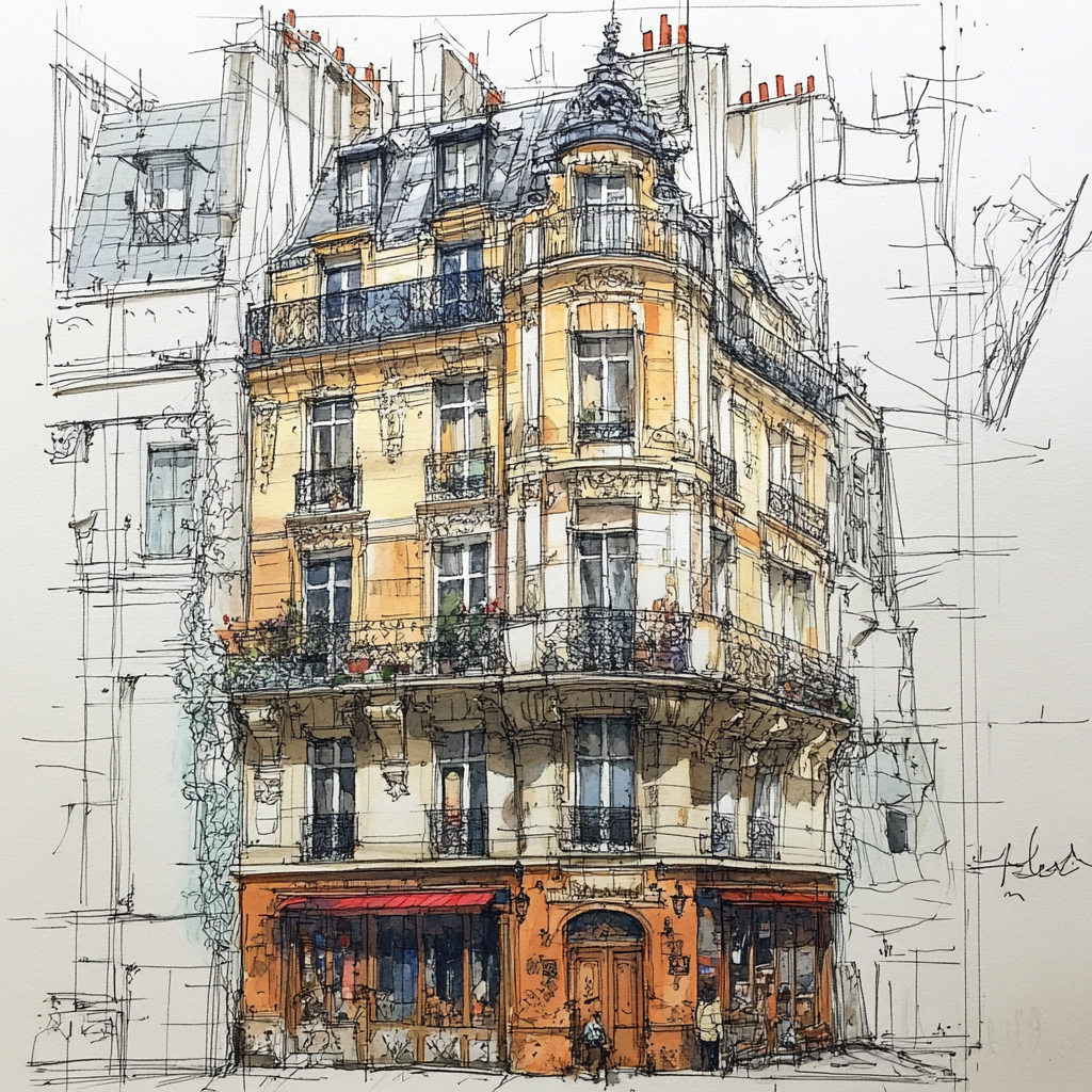 A colorful, detailed sketch of a building in Paris.