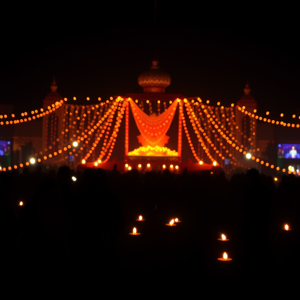 A colorful Diwali celebration with lights.