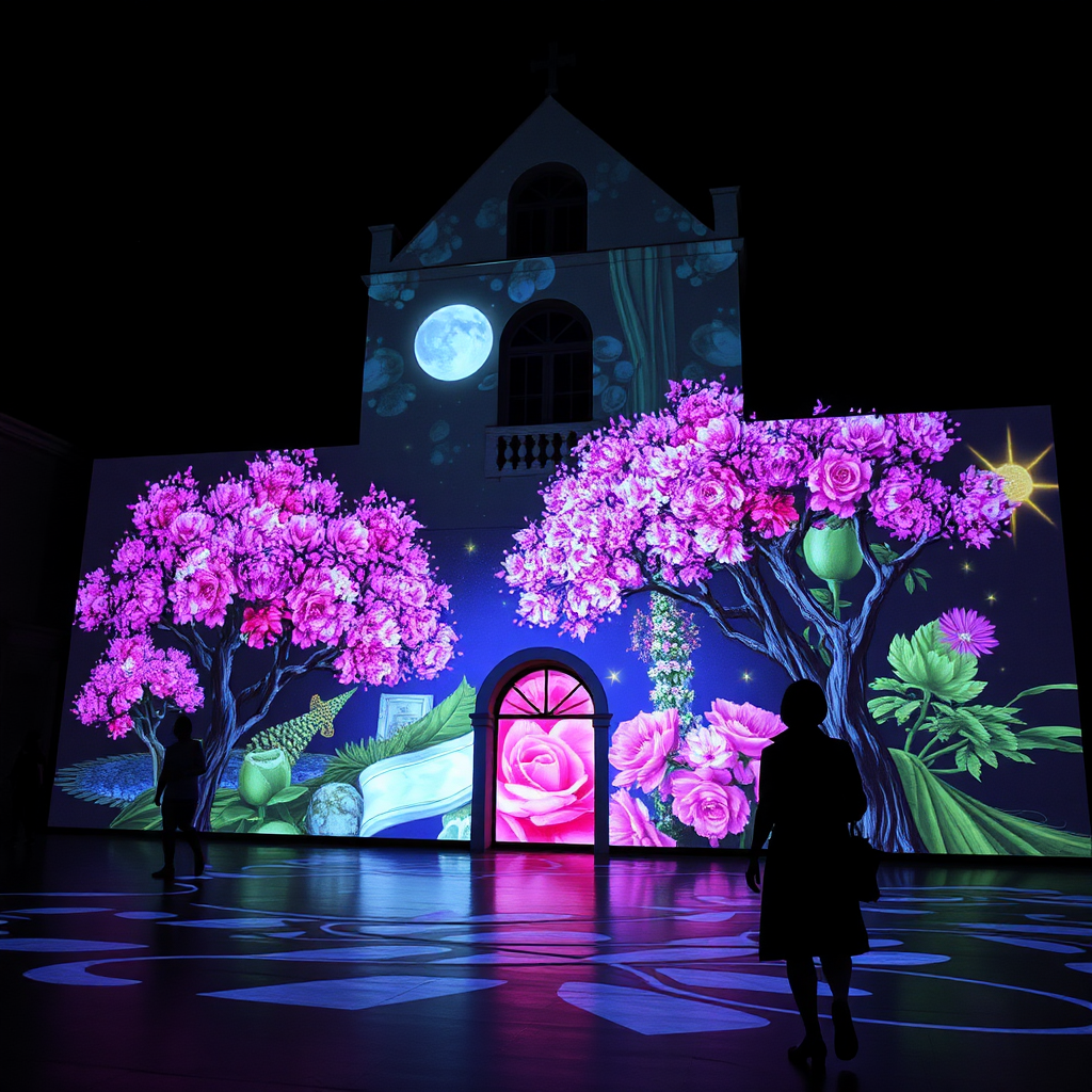 A colorful artistic projection mapping on a wall.