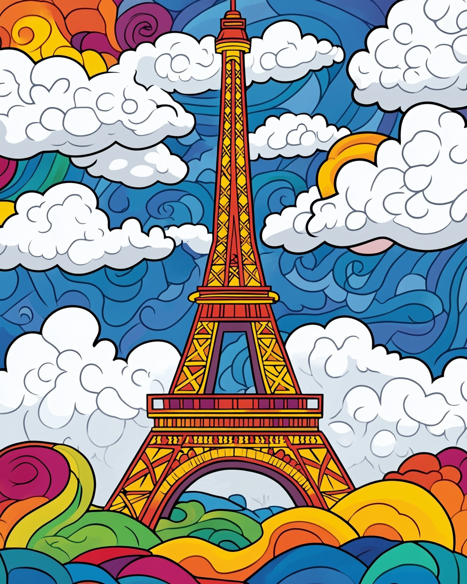 A colorful cartoon Eiffel Tower in Paris scene