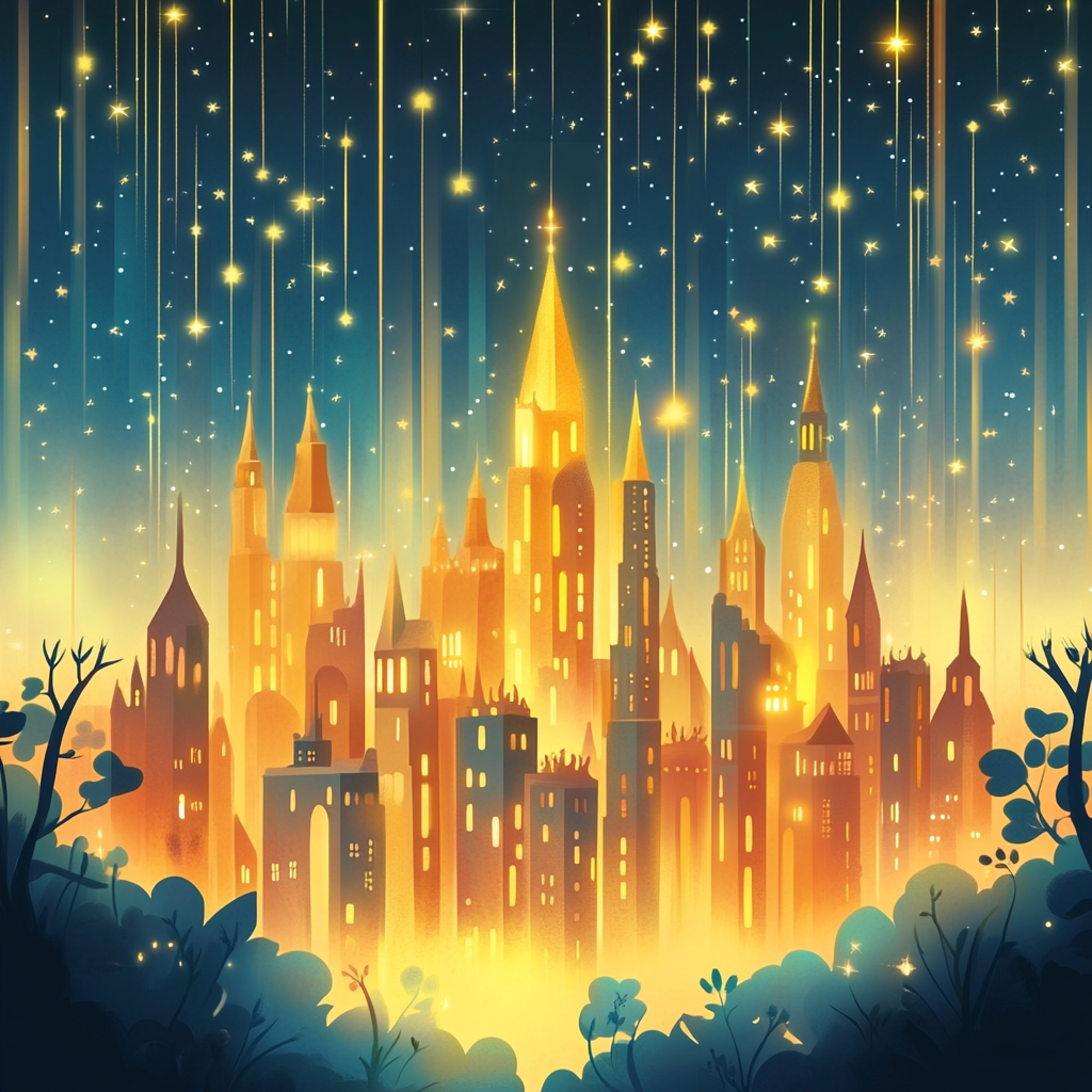 A colorful cartoon city, shining with golden light