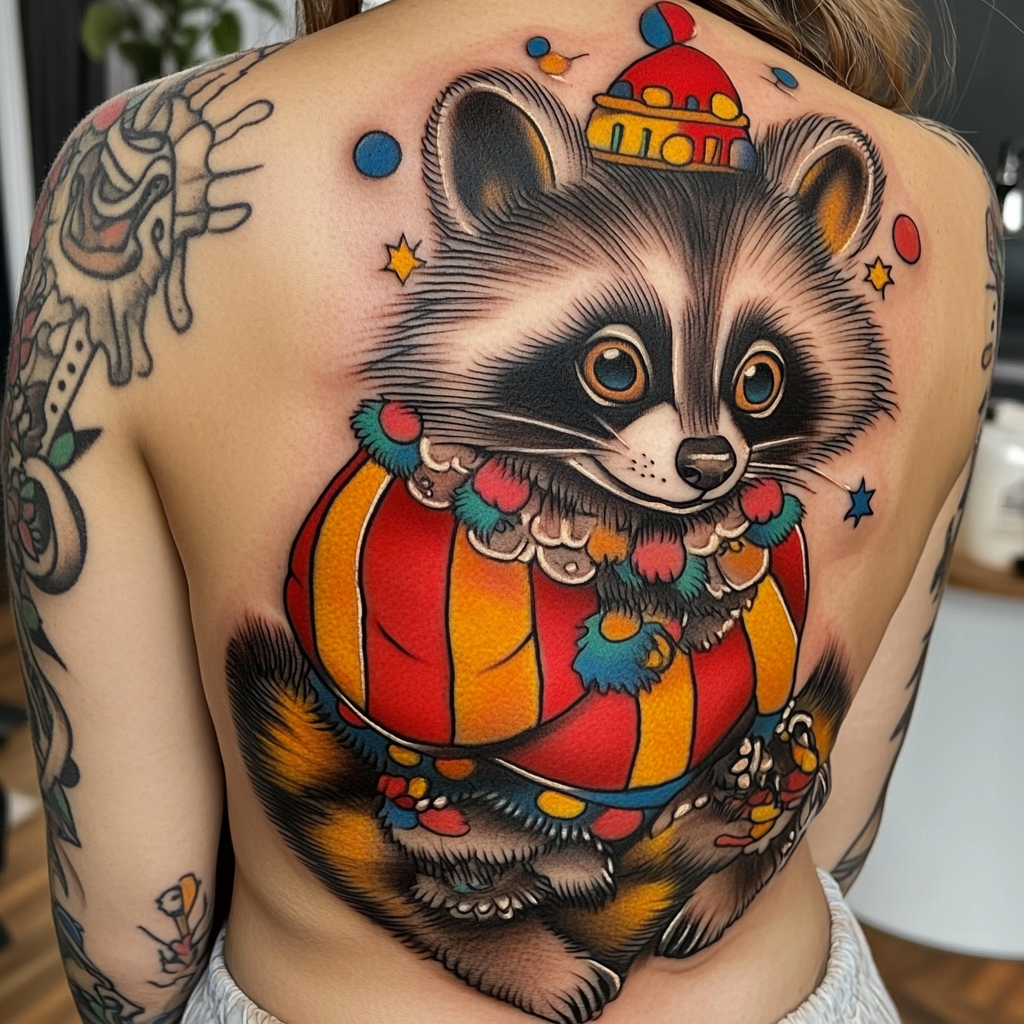 A colorful circus clown raccoon tattoo on shoulder.