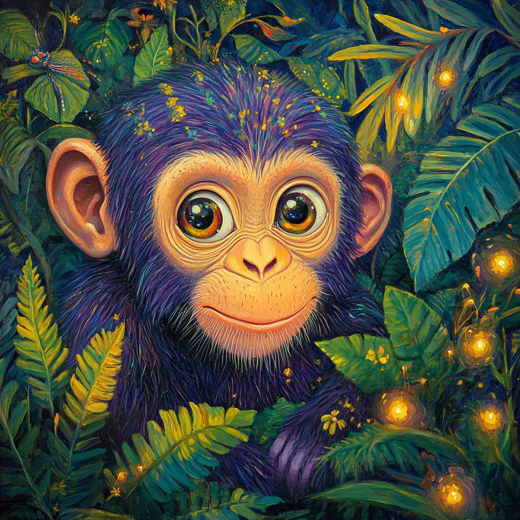 A colorful close-up painting of baby chimpanzee in jungle