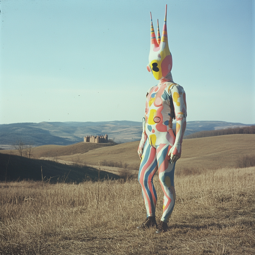 A colorful creature in a surreal castle field