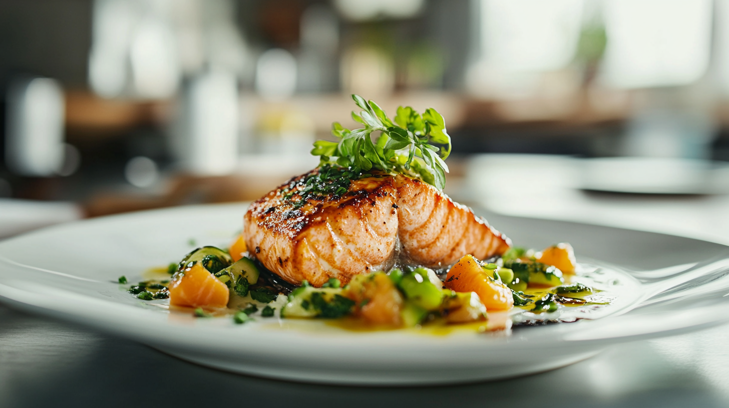 A colorful dish of salmon in modern kitchen.