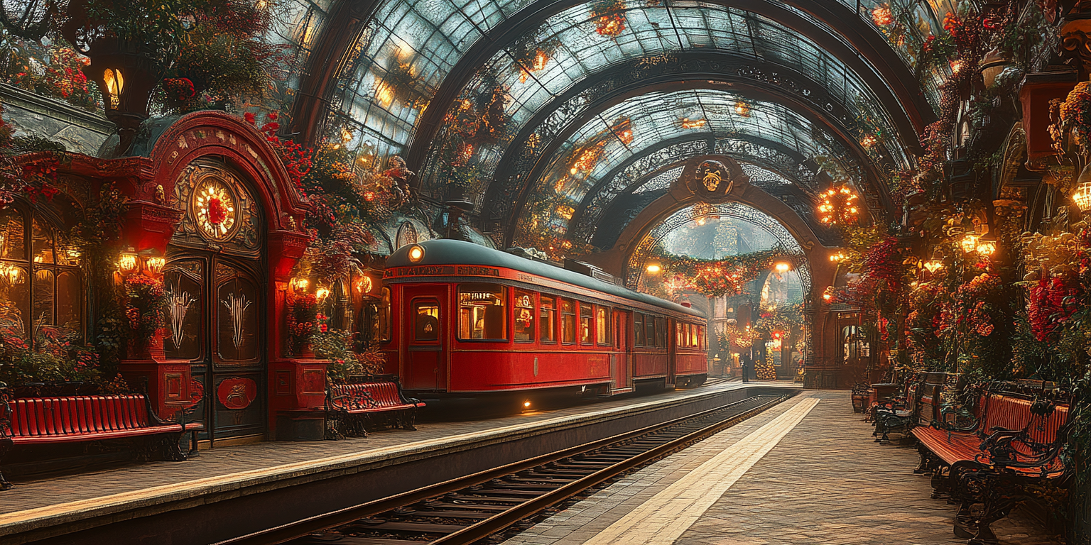 A colorful fairy tale train station at New Year's.