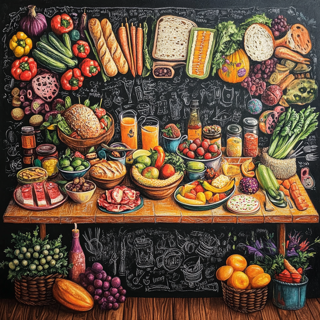 A colorful food table drawn on a chalkboard