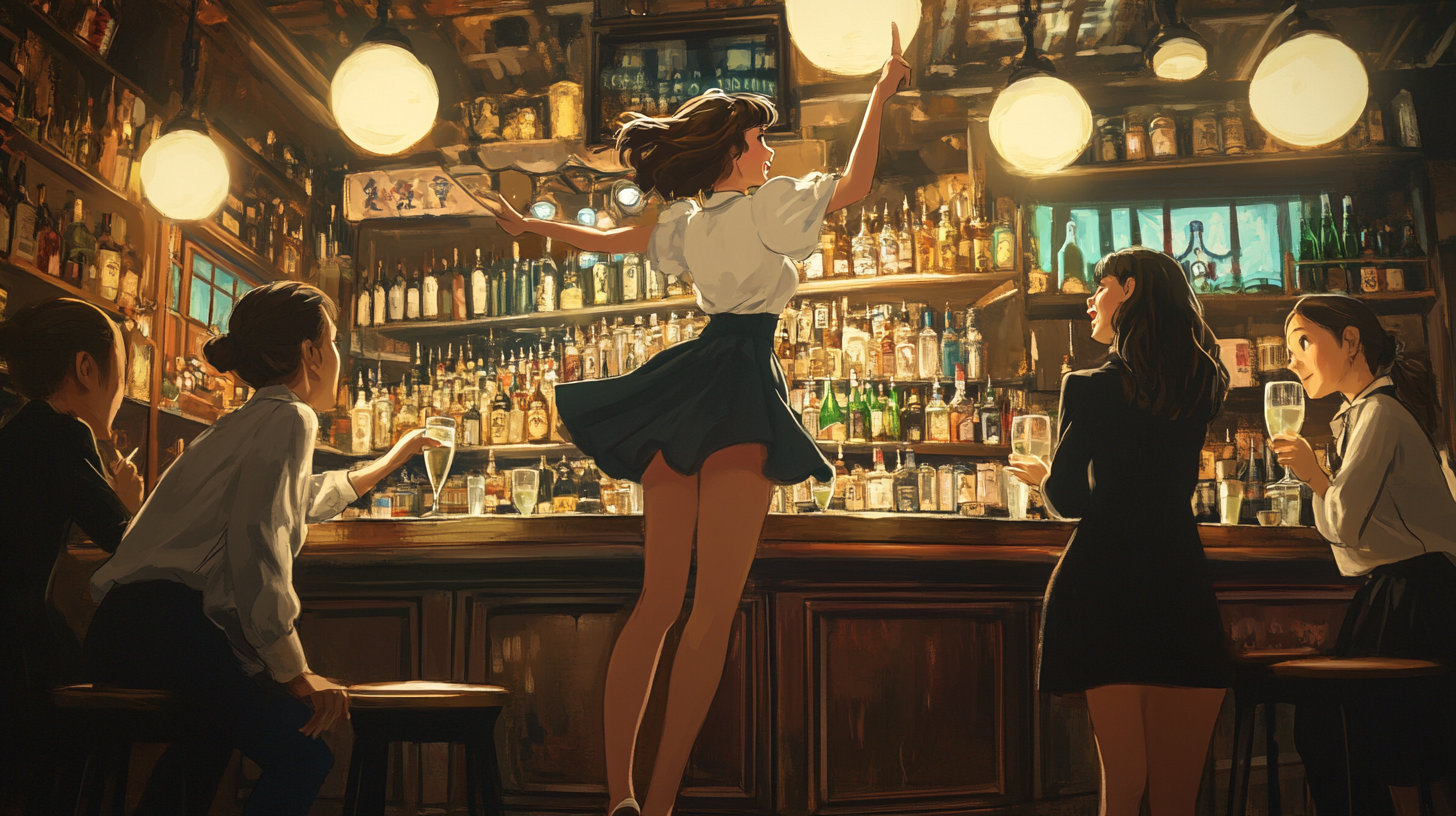 A colorful ghibli movie scene at bar club